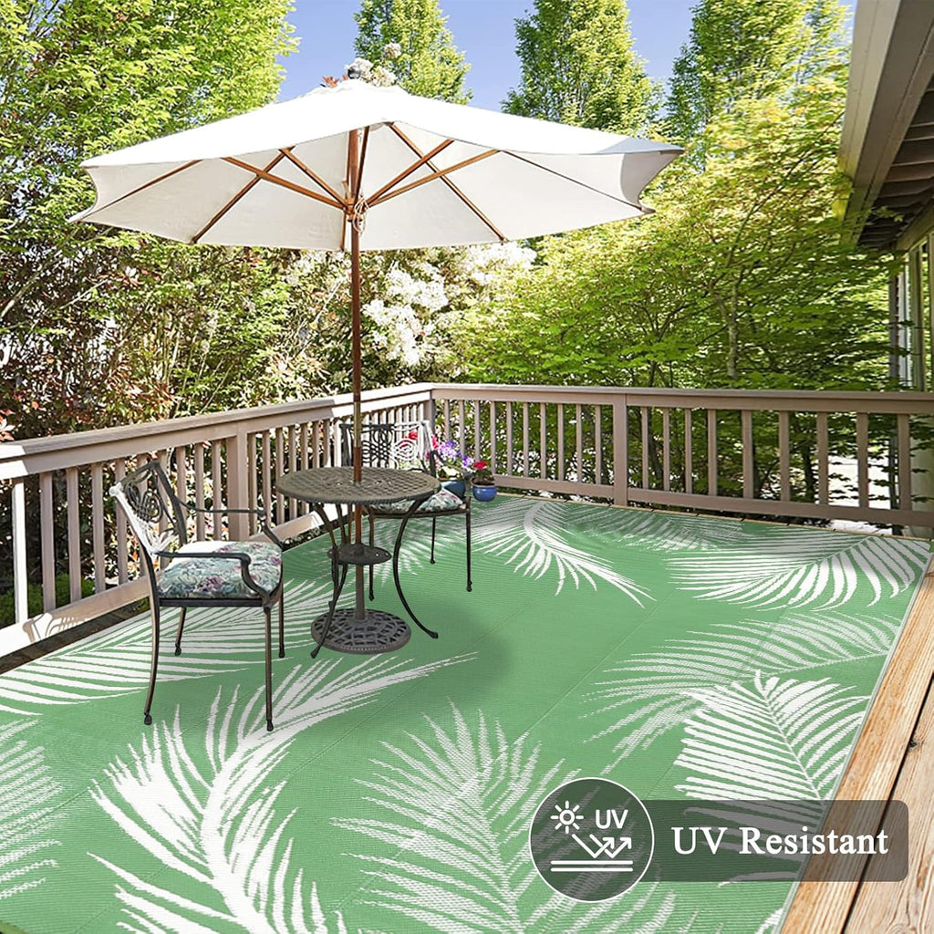 Pauwer Waterproof Outdoor Rug 8x10, Reversible Plastic Straw Patio Camping Rug, Indoor Outdoor RV Mat Carpet for Deck, Camper, Porch, Balcony, Backyard, Picnic, Leaf Green