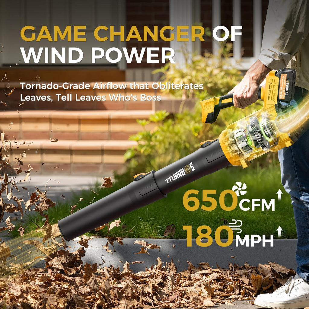 Leaf Blower Cordless - 650CFM Brushless Motor Leaf Blower with 6-Speed Control & Ergonomic Handle - Includes 2 x 5.0Ah Batteries & Fast Charger - Blowers for Lawn Care, Yard, Patio, Leaves, Snow, Dust