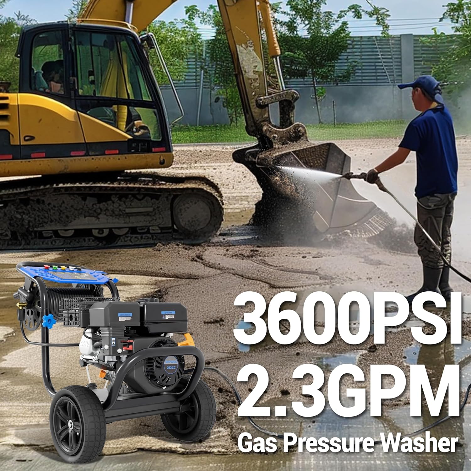 3600 PSI Gas Pressure Washer, 2.3 GPM Heavy-Duty Power Cleaner with 212CC Engine, 5 Quick-Connect Nozzles, 30FT Hose & Reel, Maintenance-Free Axial Cam Pump, for Commercial, Home Cleaning