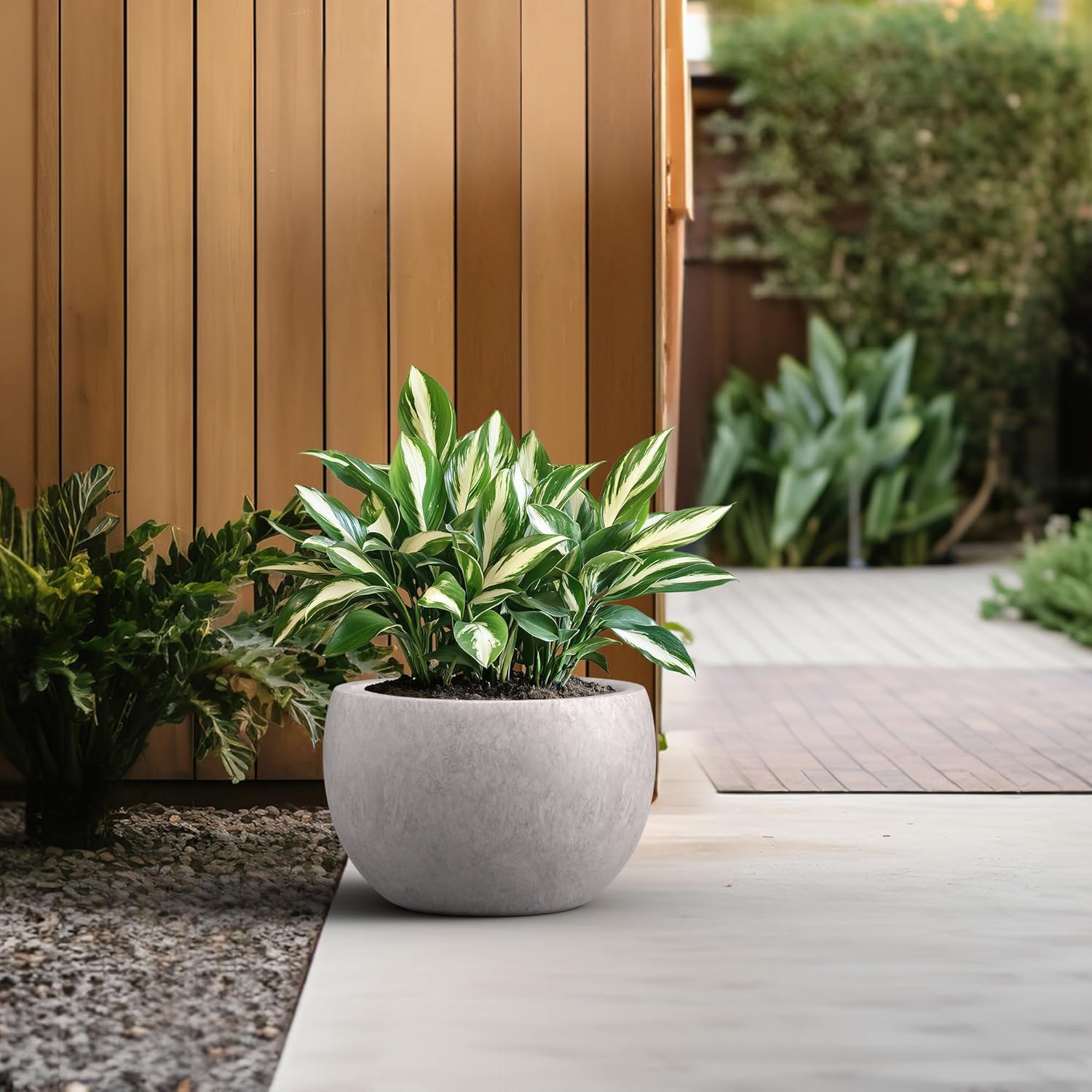Kante 15.7" Dia Round Concrete Planter, Outdoor/Indoor Large Bowl Plant Pots with Drainage Hole and Rubber Plug for Garden Patio Balcony Home, Light Gray