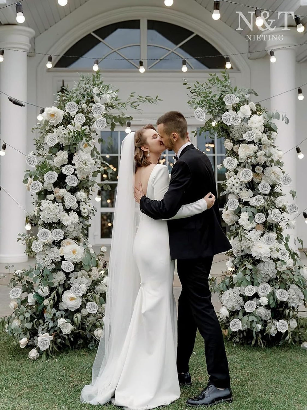 N&T NIETING Artificial Flowers, 50pcs Fake Flowers Roses with Stem for DIY Wedding Bouquets Centerpieces Bridal Shower Party Home Decoration, Silver White