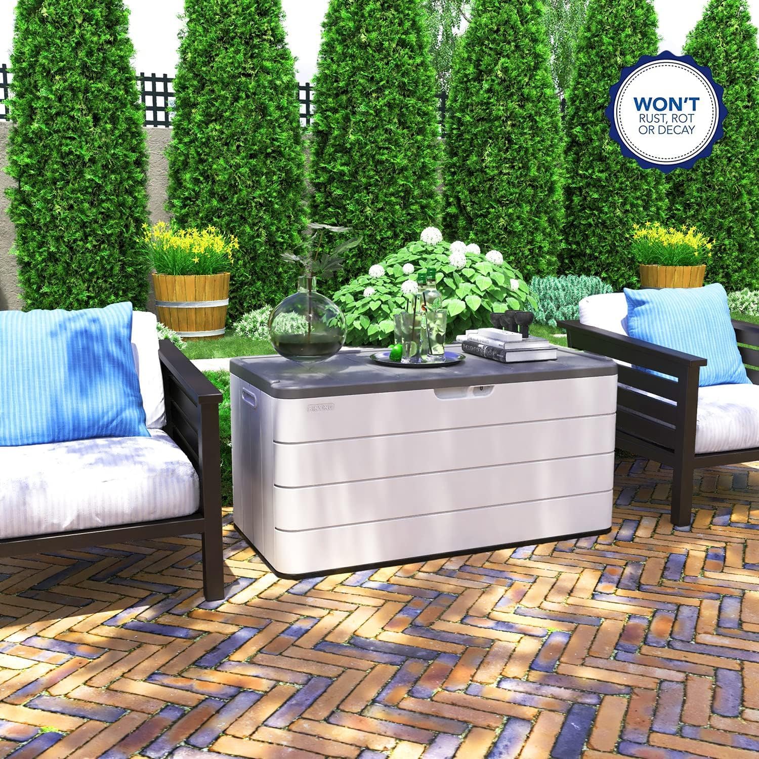 100 GAL Resin Deck Box - Lockable Waterproof Outdoor Storage Bench for Patio Cushions, Garden Tools & Pool Accessories - Wood-Look Texture, White