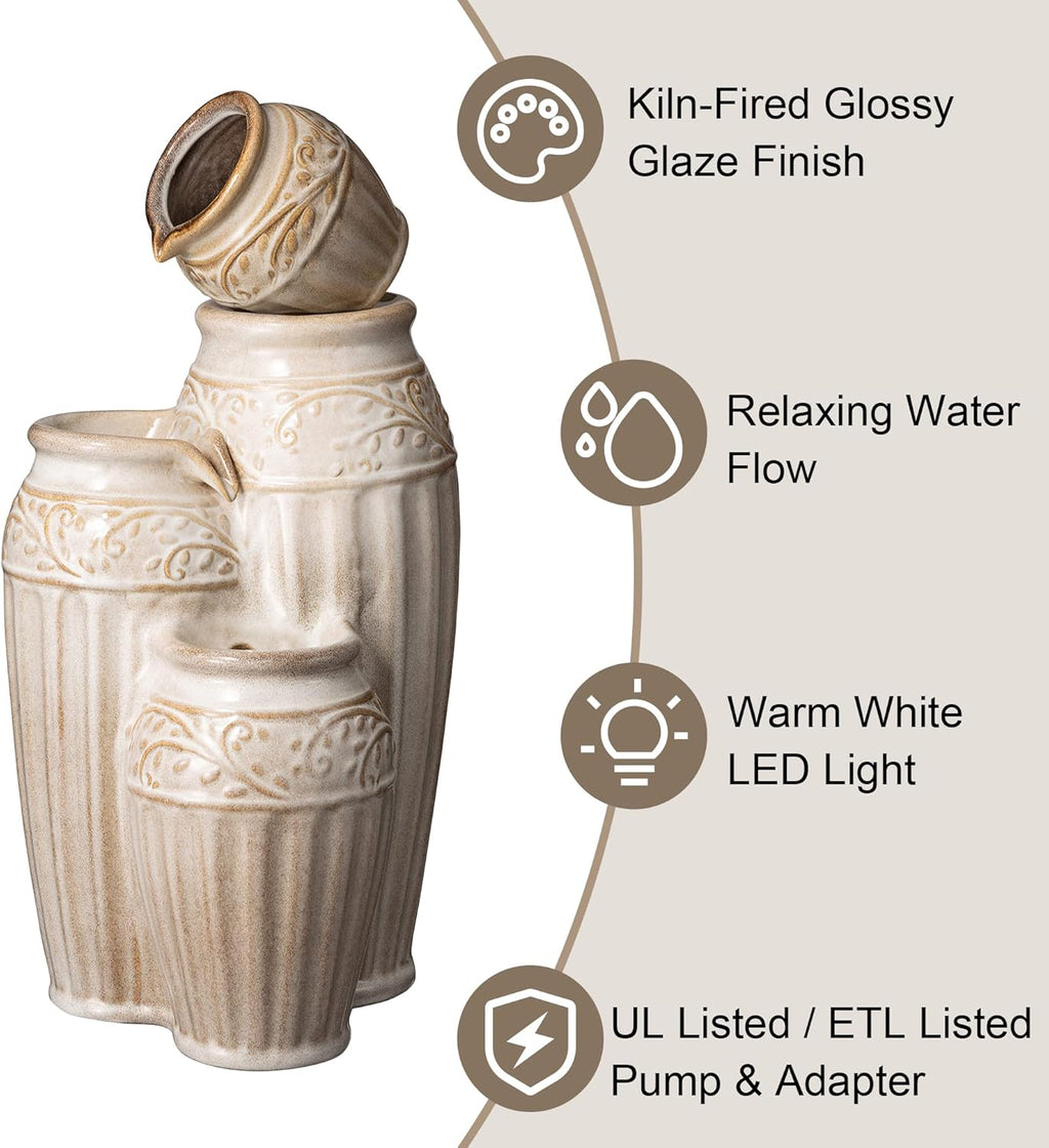 Glitzhome 27.25" H Outdoor Garden Water Fountain with LED Lights and Pump, 4 Tier Sand Beige Embossed Pattern Ceramic Pots Cascading Floor Standing Fountain for Porch Deck Patio Backyard Decoration