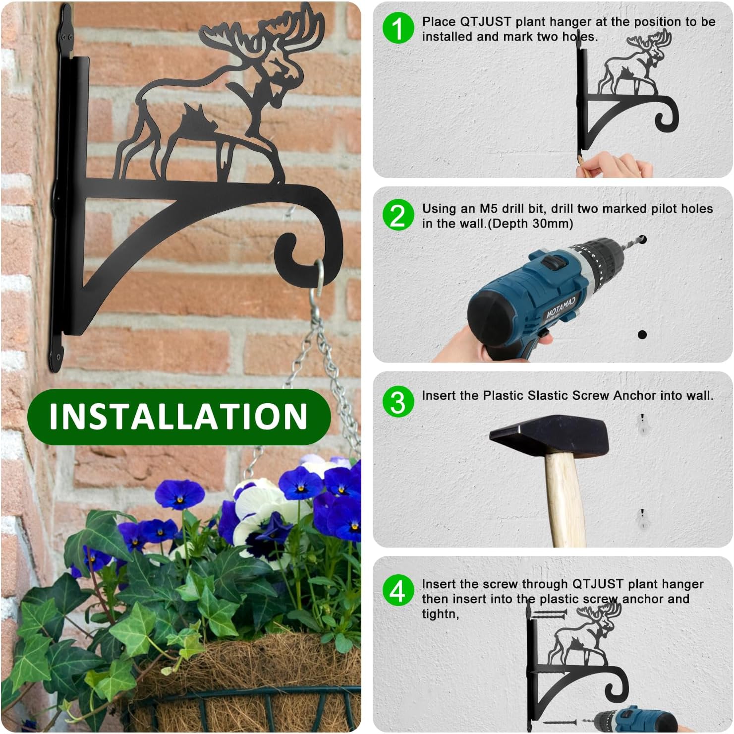 ATKKE Hanging Plant Bracket Hangers Indoor Iron Wall Mount,11” Moose Silhouette Ornamental Iron Hangers Hookers for Flower Pot Lantern Bird Feeder Wind Chimes