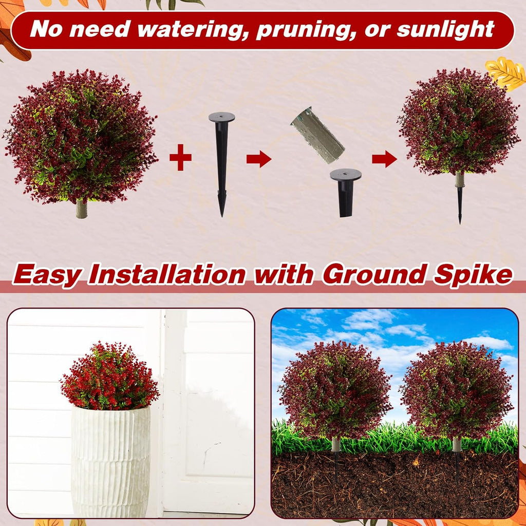 Yunlly 4 Pcs 18 Inch Artificial Boxwood Ball Topiary Tree Fake Outdoor Plants Bush, UV Resistance Faux Shrub with Spike Realistic Greenery Potted for Indoor Garden Yard Porch Patio Decor (Purple Red)