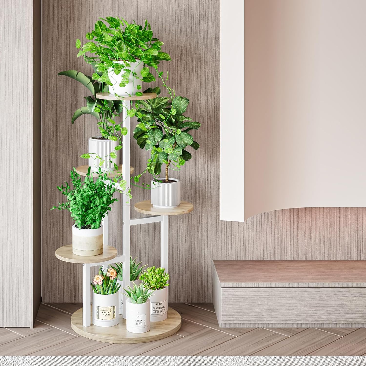 Plant Stand Indoor 5 Tier 8 Potted Multiple Flower Pot Holder for Patio Garden Balcony Living Room Corner (5 Tier White+Sonoma Oak)