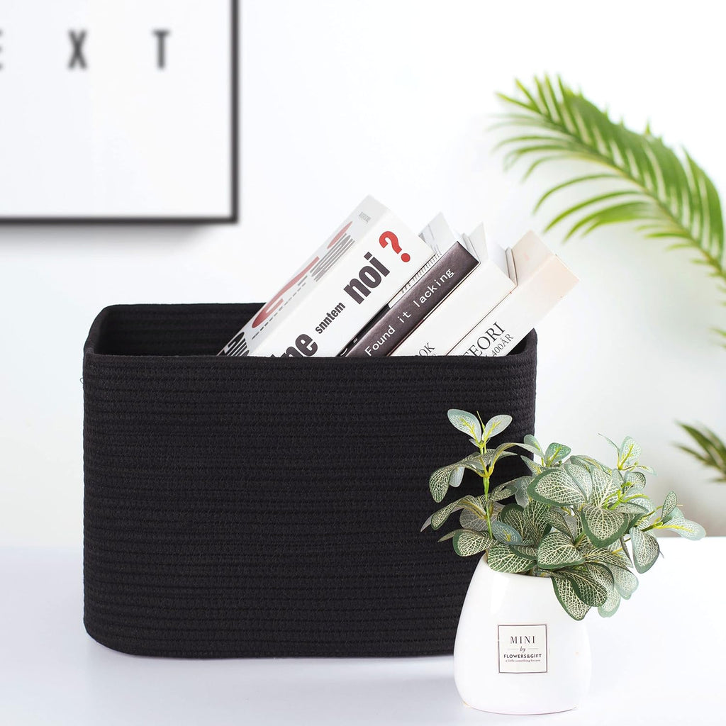 MINTWOOD Design Storage Basket for Shelves, Decorative Baskets for Organizing, Book Basket, Storage Cube Bin Box, Woven Closet Organizer, Pantry Closet and Shoe Basket, Full Black