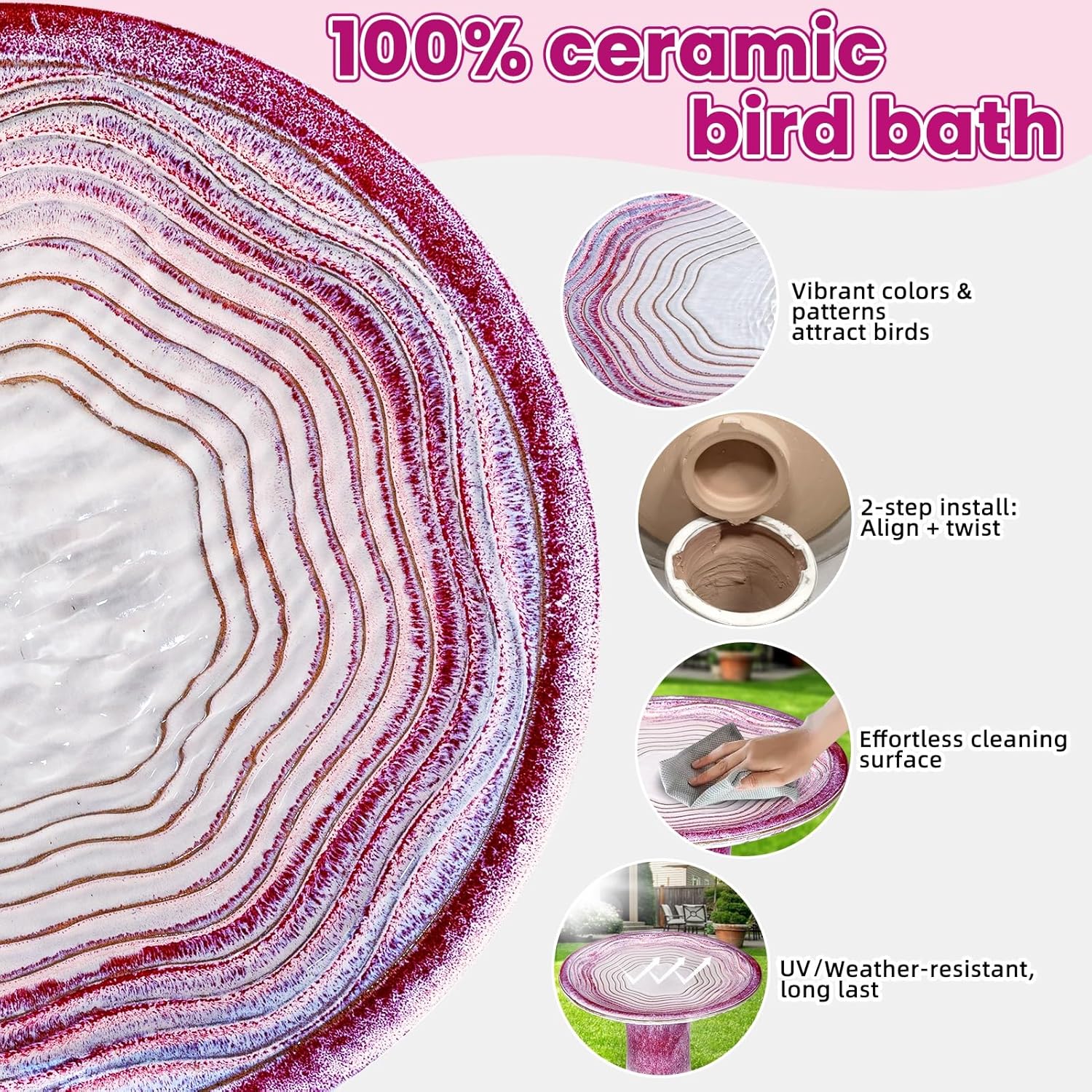 Ceramic Bird Bath for Outdoors – 18" H Birdbath Tool-Free Assembly, Hand-Glazed Earthenware with Non-Slip Bowl, Weather-Proof Sturdy Pedestal Design, Garden Decor(Red)