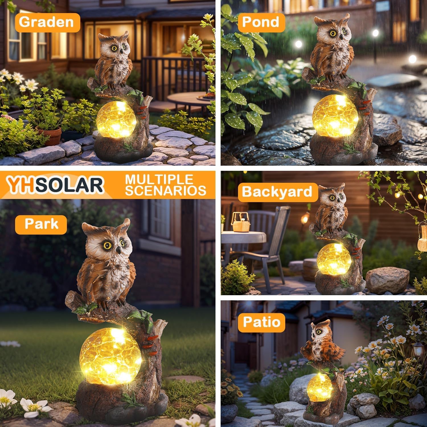 Solar Garden Outdoor Statues, Owl Garden Statue with Solar Glass Ball Light Lantern Outdoor Decor, for Lawn,Yard, Unique Housewarming Gift for Women Mother Mom