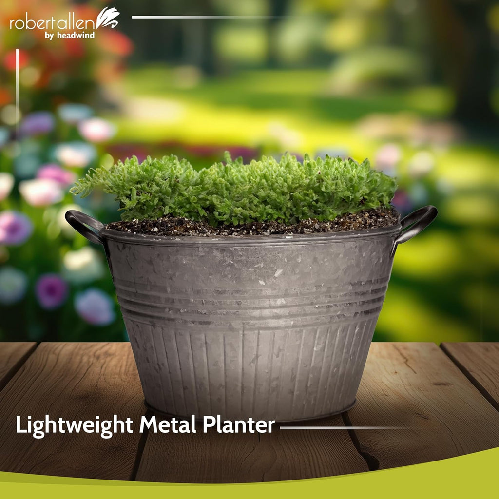 Headwind Round Galvanized Tub Planter with Handles – 10 Inch Lightweight Metal Planter with Drainage Hole – Galvanized Steel Tub for Plants - Metal Flower Pot by Robert Allen