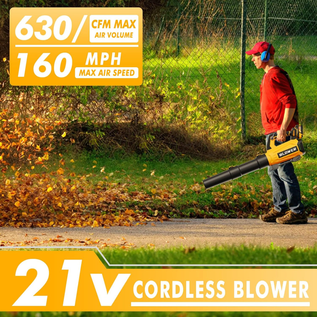 Leaf Blower Cordless (Upgraded) - 630CFM/160MPH, 21V Powerful Electric Cordless Leaf Blower with 2 x 4.0Ah Batteries and Charger, Battery Powered Leaf Blowers for Lawn Care, Patio, Yard, Dust, Snow