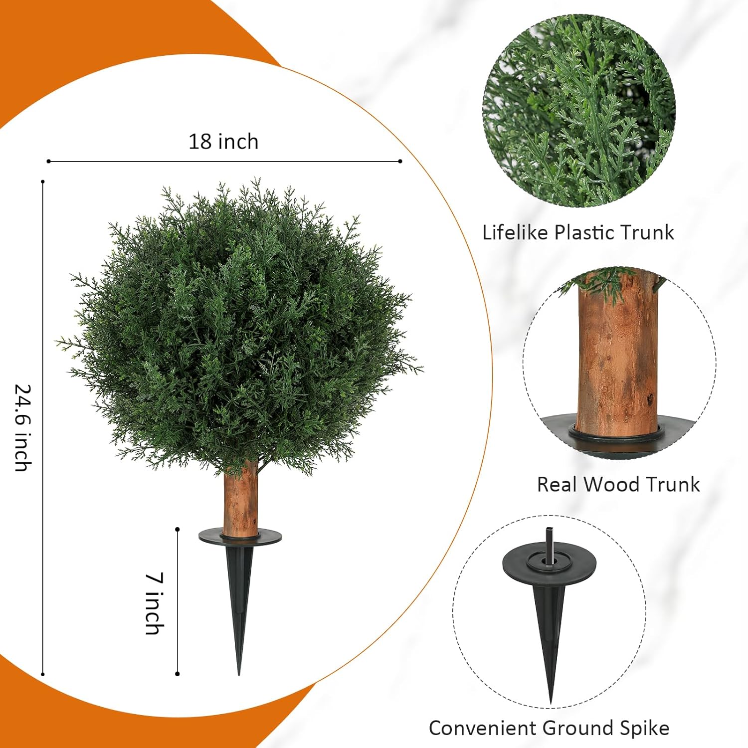 Artificial Cedar Shrubs Ball Trees with Ground Spike, 24.6 inche Tall UV-Resistant Fake Outdoor Plants Evergreen Trees, Realistic Faux Pine Bushes for Front Porch Home Patio Garden, 1 Pcs