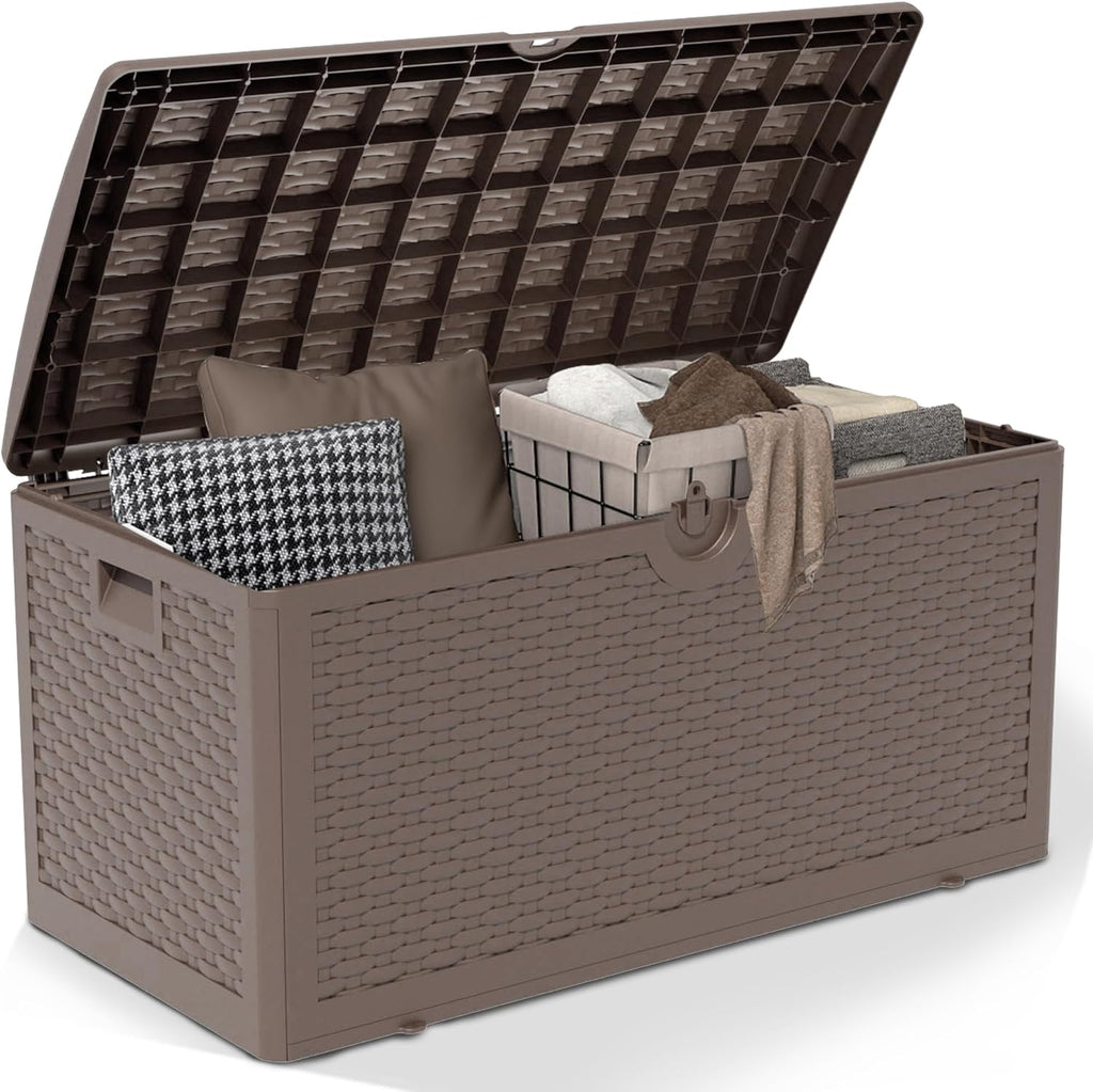 80 Gallon Pro Resin Deck Box, Waterproof Outdoor Storage Bin for Patio, Poolside, and Garden, Lockable & UV-Resistant,Brown