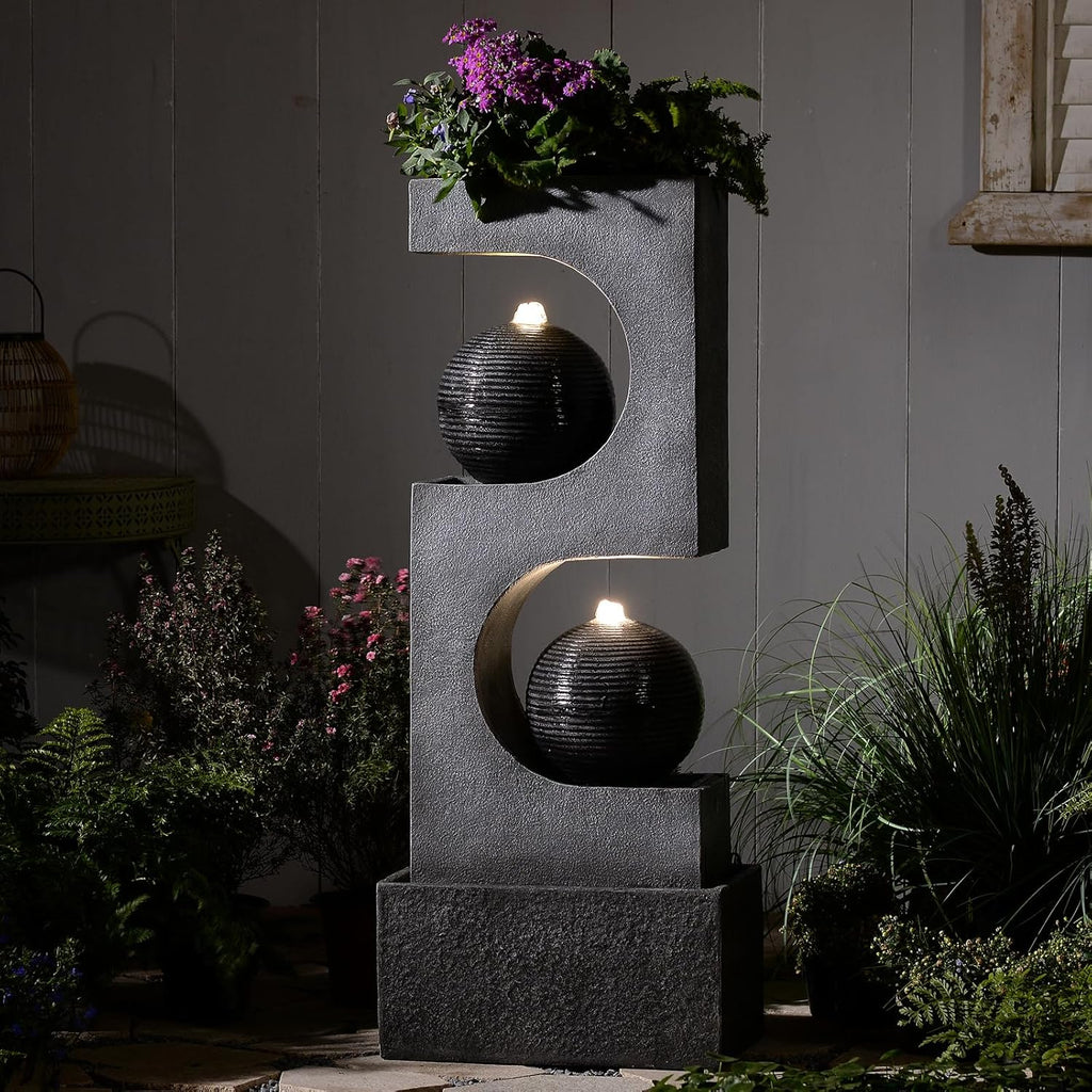 46''H Outdoor Water Fountain with LED Light, Modern Sphere Floor Waterfalls Fountains Indoor for Garden Patio Yard Deck Home Decor Lawn Porch House