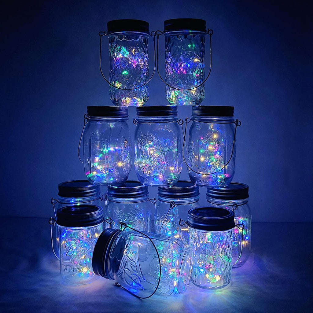 Decorman Solar Mason Jar Lights, 12 Pack 30 LED Fairy Star Firefly String Lids Lights with 12 Hangers for Patio Yard Garden Party Wedding Christmas Decoration(Jars Not Included) (12 Pack, Colorful)