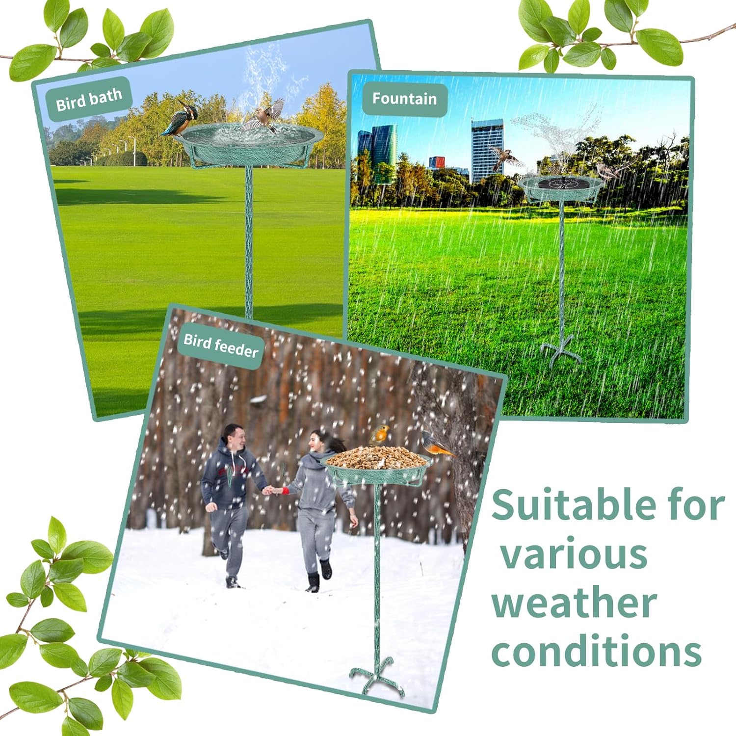 Metal Bird Bath for Outside, 36.2" Height Birdbath Bowl Standing Bird Feeders for Outdoors with 4 Prongs Base Stake, Freestanding Birdfeeders for Garden Yard Lawn Decor (Retro Green)