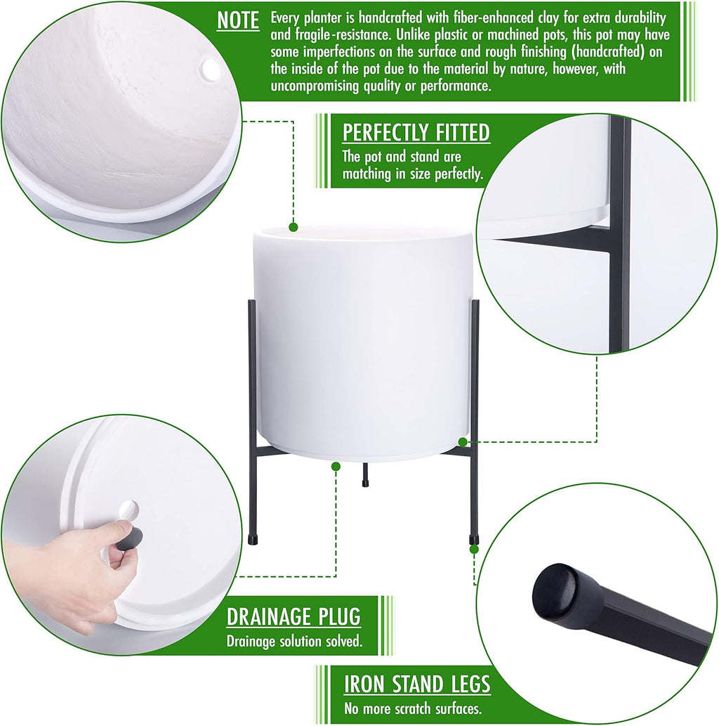 D'vine Dev Modern White Plants Pot Cylinder Planter with Heavy Duty Stand, X-Large 14 Inch Pot, 21 Inch with Stand Height, 96-T-A-4