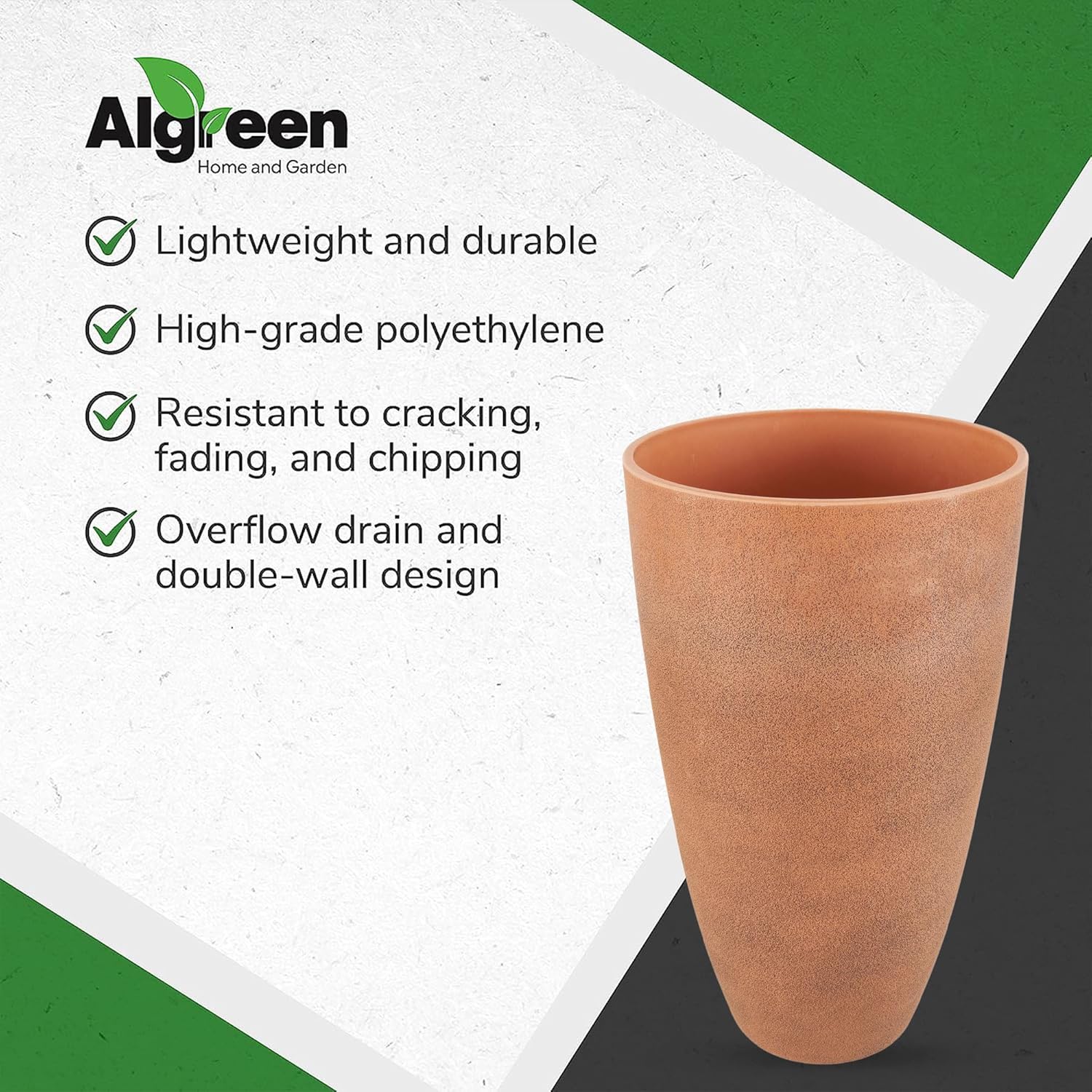 Algreen 43729 Acerra Weather Protected Recycled Composite Vase Planter Pot, Indoor or Outdoor use, Tall Lightweight 7 pounds, Rust