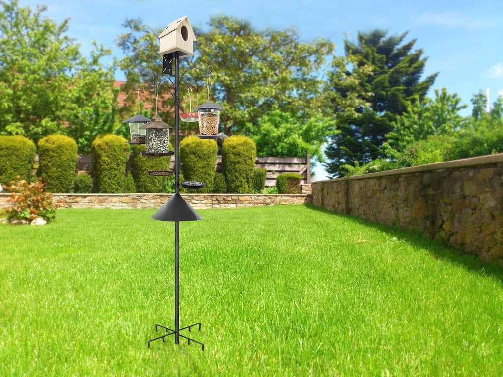 eWonLife 92 Inch Bird Feeder Pole with Squirrel Baffle & Upgraded 9-Prong Base, Adjustable Bird House Pole for Outdoors Heavy Duty, Bird Feeder Stand Post Station with 4 Shepherd Hooks, Birdbath, Tray