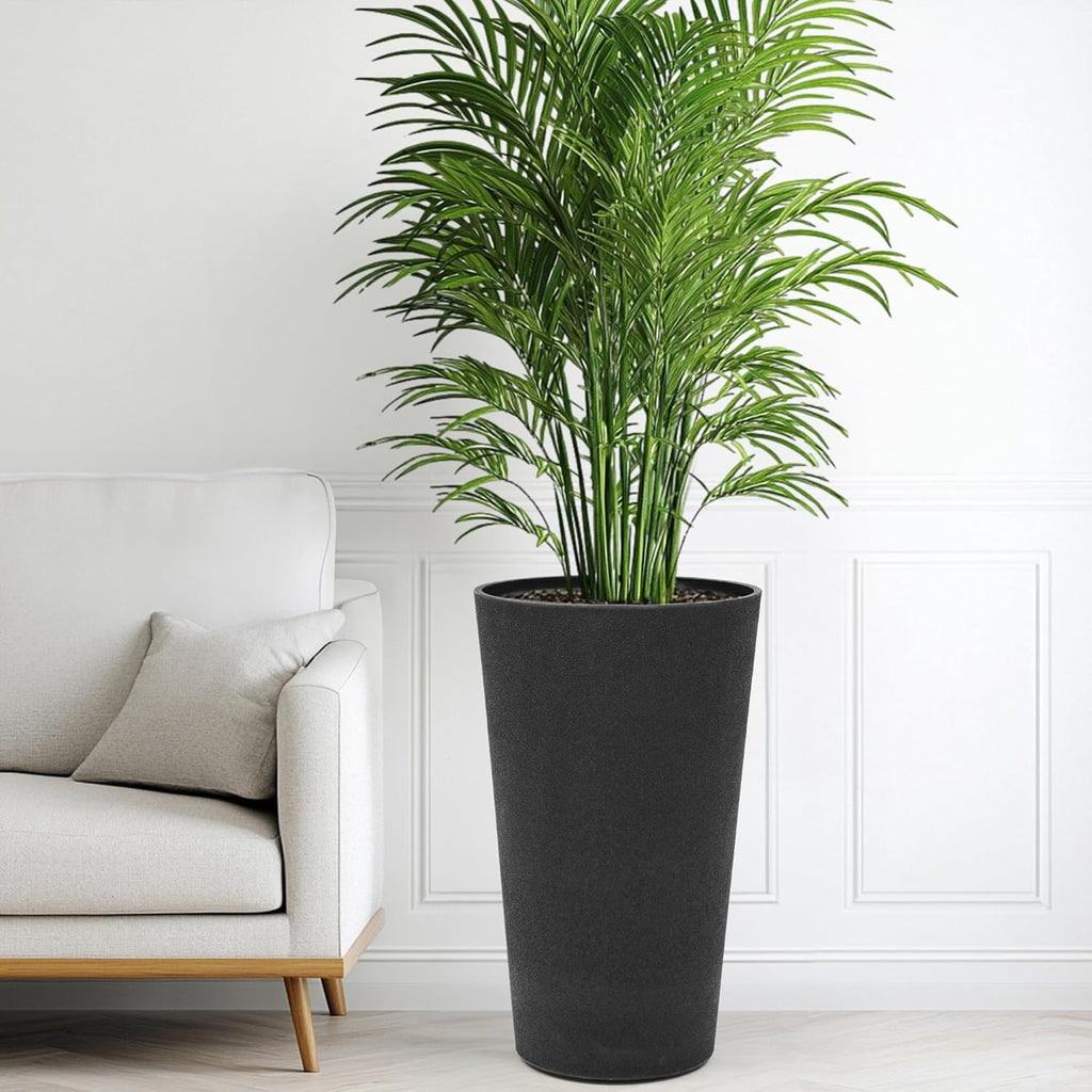 24" Set of 2 Tall Resin Outdoor Planters, Heavy-Duty Resin Flower Pots, Matte Black Leather Grain Finish, Durable & Weather-Resistant, Ideal for Garden, Patio, Yard, Porch, or Indoor Décor