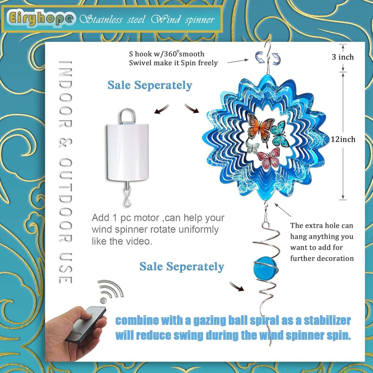 Butterfly Wind Spinner - 12inch Laser-Cut Stainless Steel Wind Spinners | 3D Kinetic Garden Decoration & Yard Art for Outdoor | Butterfly Gifts for Women, Mother, Wife, Grandma & Holidays