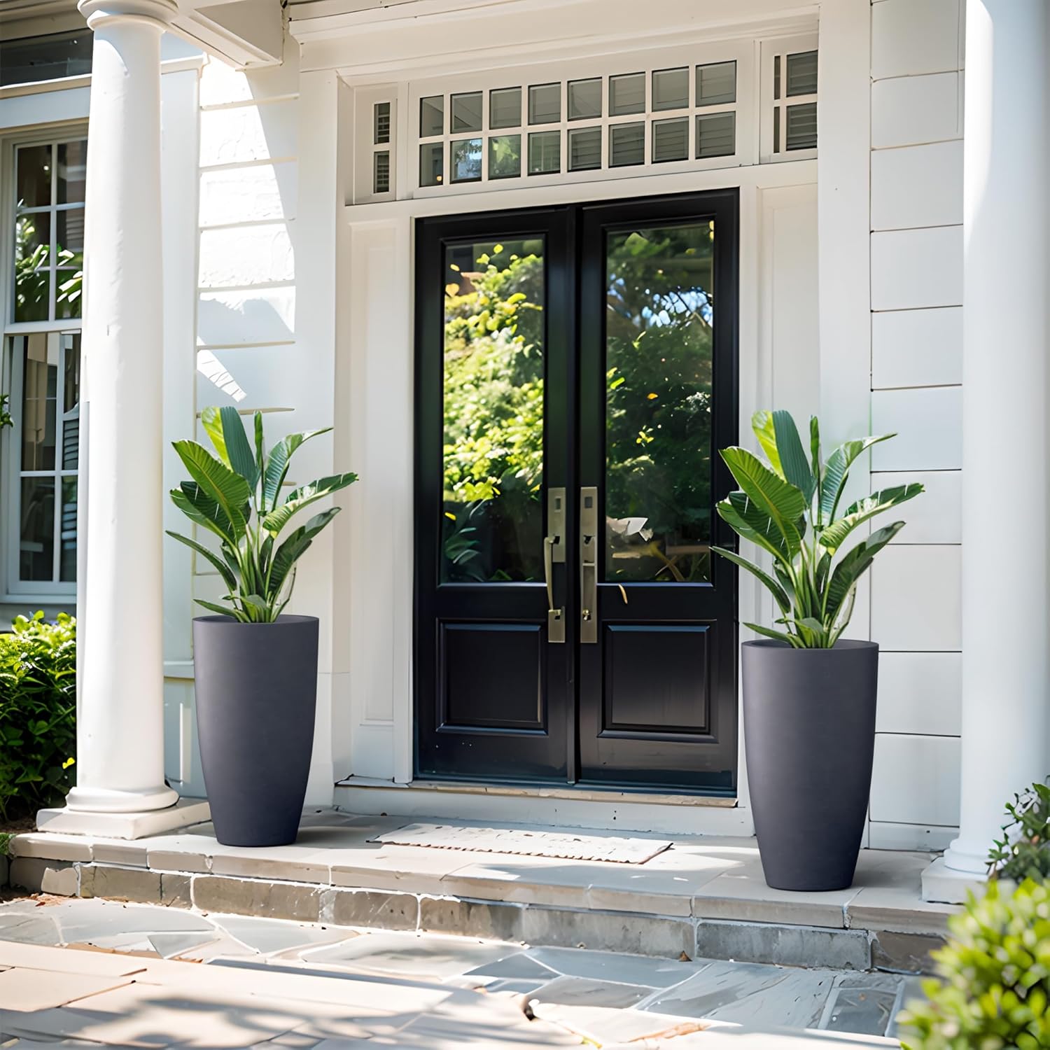 Kante 23.6" H Charcoal Concrete Tall Planters (Set of 2), Large Outdoor Indoor Decorative Plant Pots with Drainage Hole and Rubber Plug, Modern Style for Home and Garden
