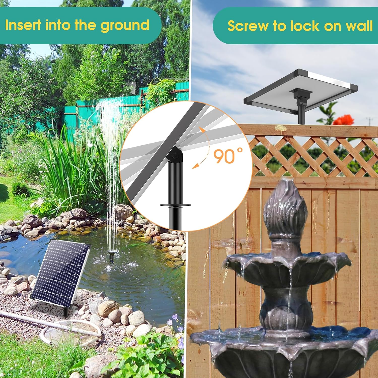 12W Solar Fountain Pump, Solar Powered Water Pump 160GPH Adjustable Flow, Solar Water Fountain Pump with 16.5Ft Cord Length/6.6Ft Tubing for Ponds, Fish Tank, Wildlife Garden, Fountains