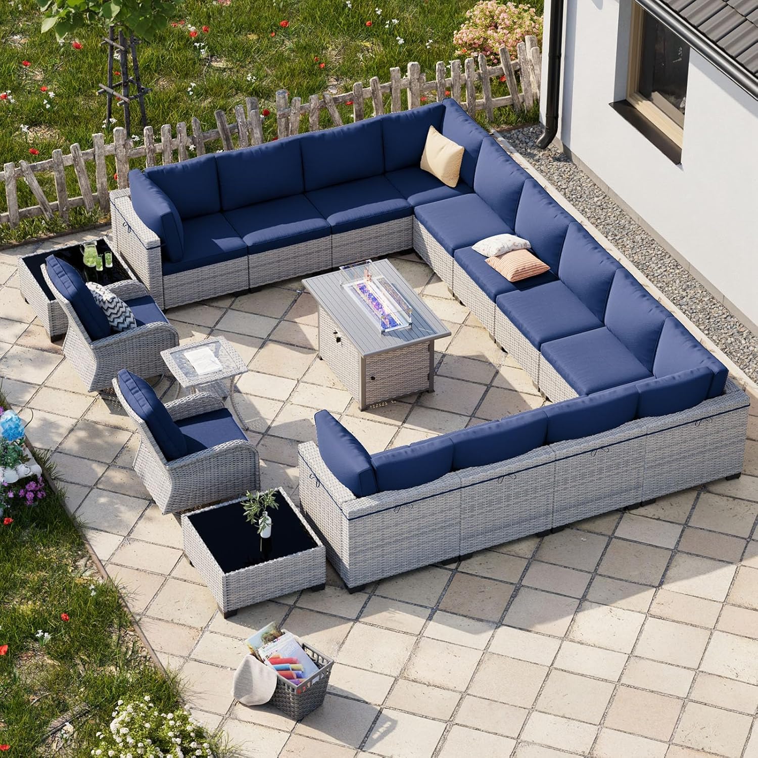 18-Piece Patio Furniture Set, Outdoor Patio Furniture with 55,000 BTU Fire Pit Table, Swivel Chairs Set, Thick Cushions, Modular Patio Sofa, Dual-Strand Wicker Rattan, Rust-Resistant Frame,Navy Blue