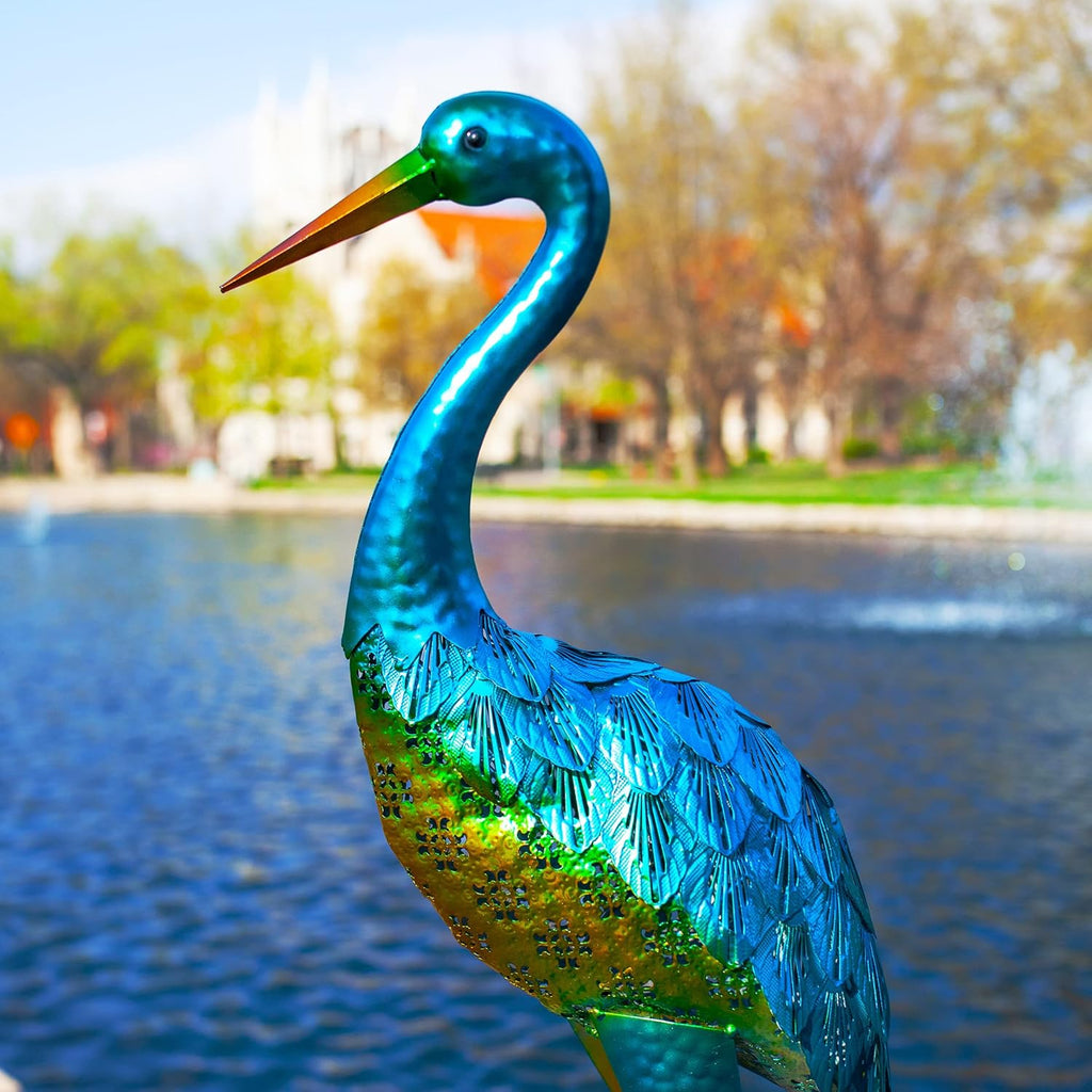 Exhart Garden Sculpture, Blue Coastal Crane Garden Statue, Outdoor Garden Decoration with Stamped Metal Details, 13 x 7 x 38.5 Inch