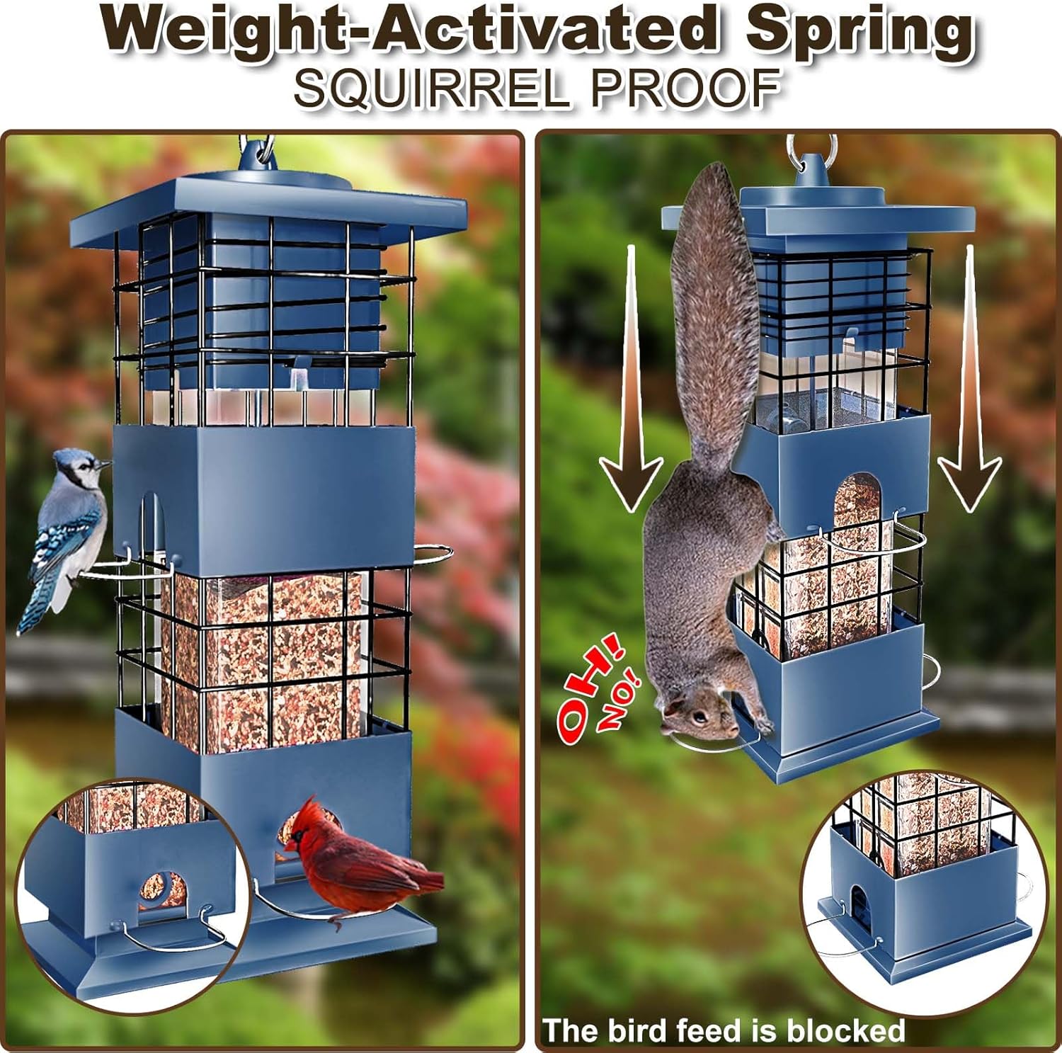 Bird Feeder 3LBS Metal Anti-Squirrel Wild Birdseed Feeder for Finch Cardinal Blue Jay Outdoors Hanging (Blue)