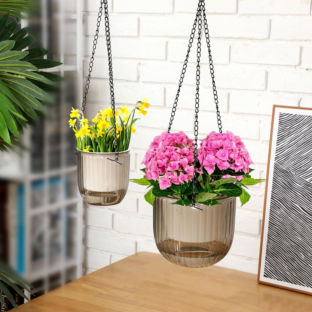 Maxcheck 4 Pcs Self Watering Hanging Planters Indoor Gift 6.5'' 4.5'' Hanging Flower Pots Baskets Outdoor Self Watering Plant with 3hooks Drainage Holes for Home(Grey,Clear)
