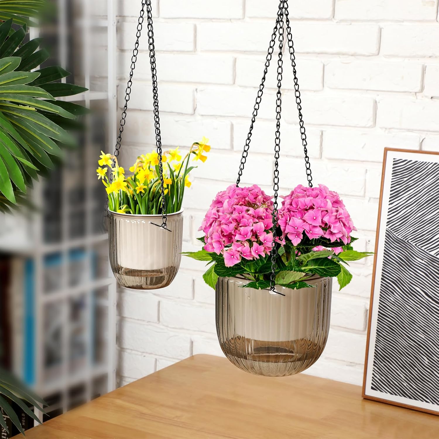 Maxcheck 4 Pcs Self Watering Hanging Planters Indoor Gift 6.5'' 4.5'' Hanging Flower Pots Baskets Outdoor Self Watering Plant with 3hooks Drainage Holes for Home(Grey,Clear)