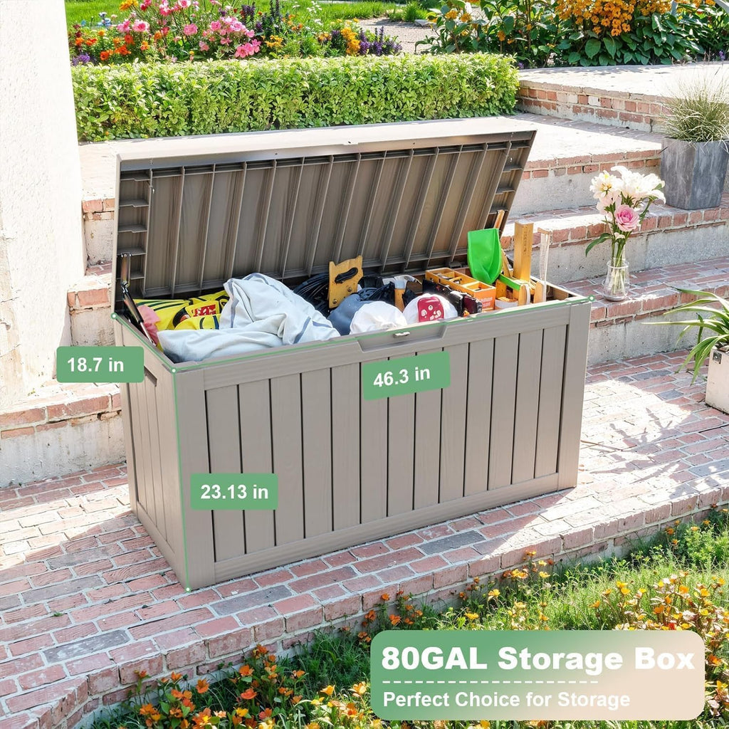 81 Gallon Outdoor Storage Box Waterproof, UV Resistant Resin Deck Box with Hydraulic Rod, Lockable Design and Enhanced Durability for Patio, Garden, and Poolside Use