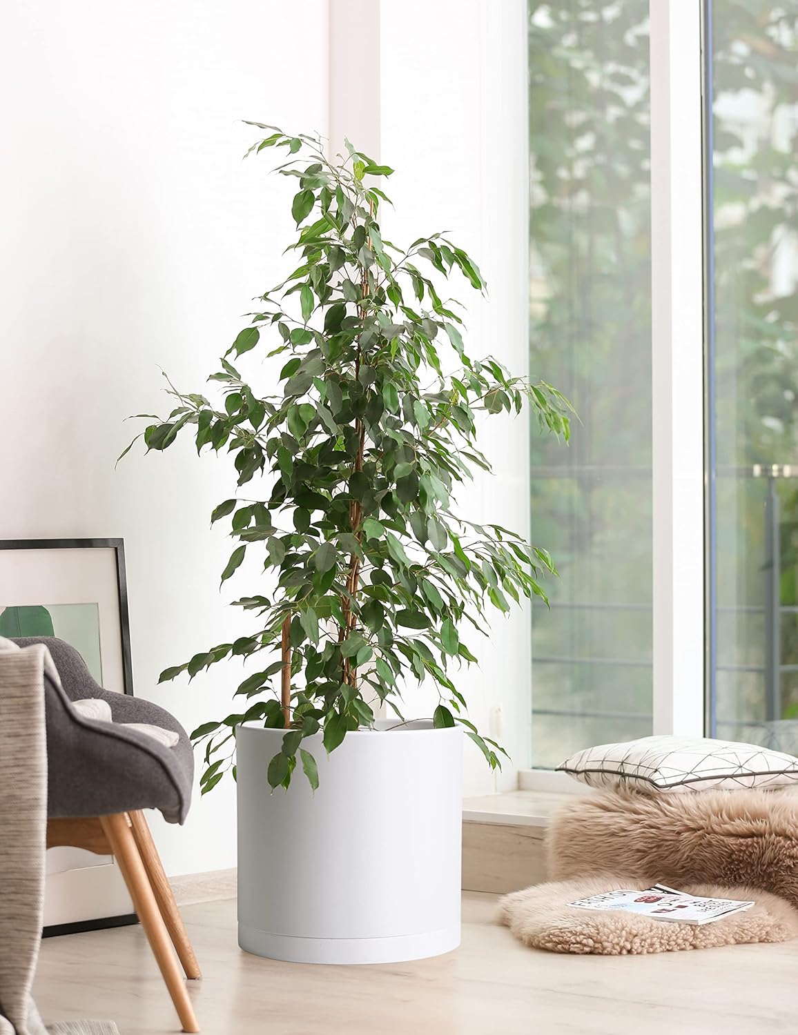 D'vine Dev 14 Inch White Plastic Planter Pots for Plant Pot with Drainage Hole and Seamless Saucers, 74-X-A-4