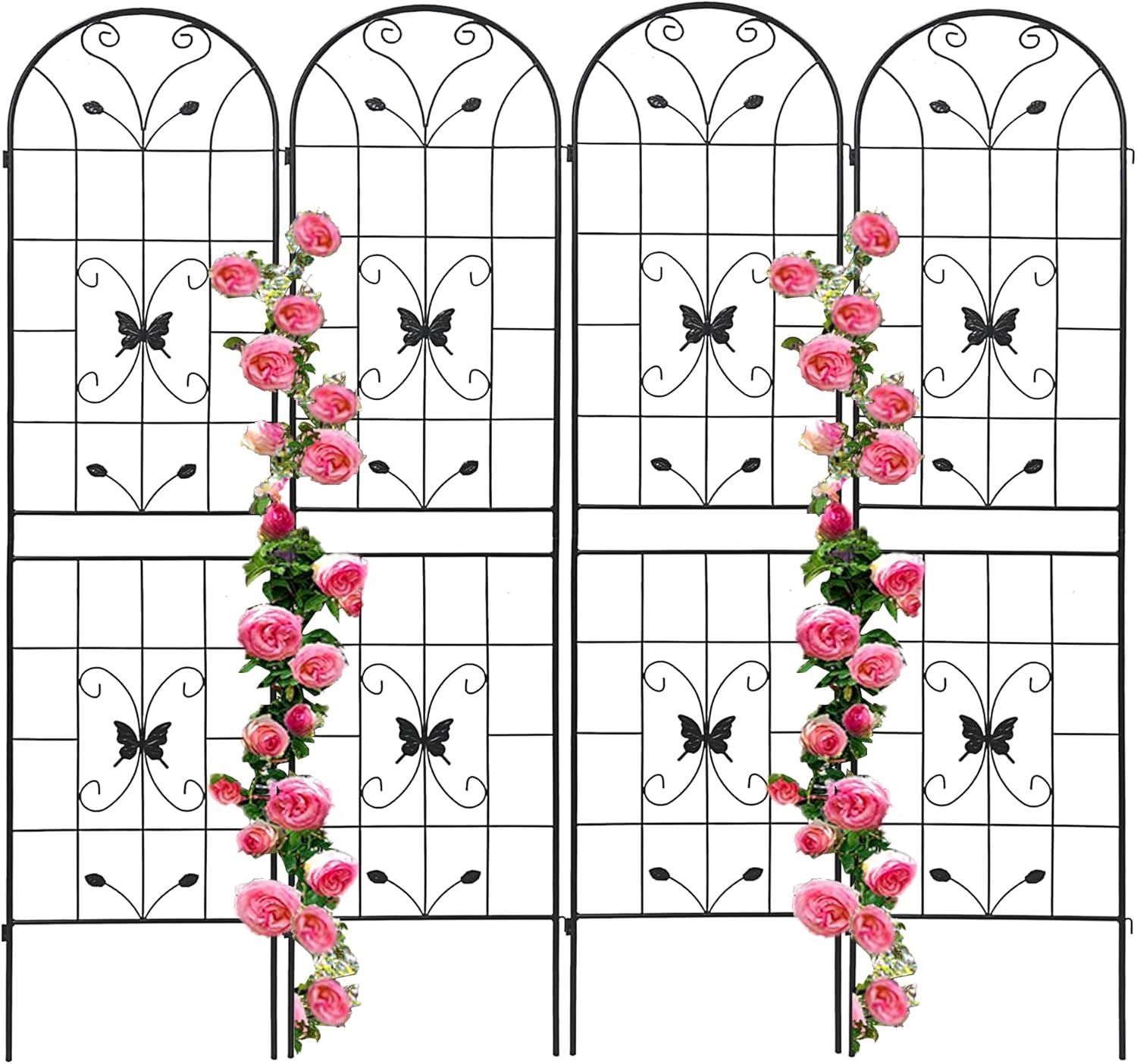 4 Pack Metal Garden Trellis 86.7" Black Fence Rustproof Garden Trellis for Climbing Plants Support Roses Flower Outdoor Lawn, Black