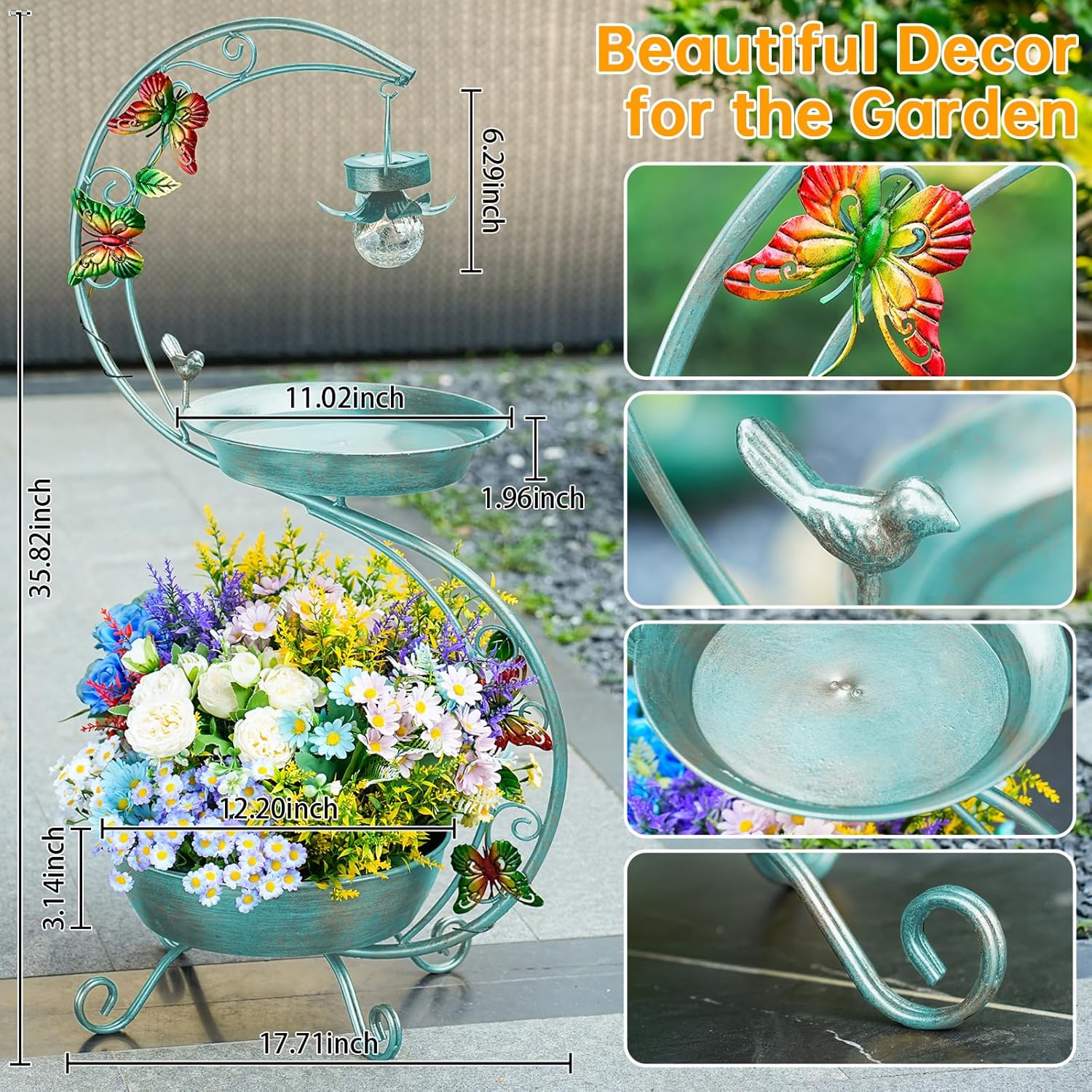 Bird Bath for Outside with Solar Lamp, 36" Birdbaths for Outdoors with Planter Flower Pot, Metal Bird Bath Bowl for Garden Yard Decor (All Blue Green)