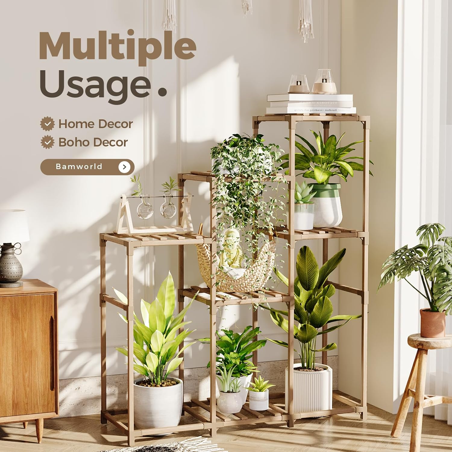 Bamworld Tall Plant Stand Indoor Wood Shelf Outdoor Tiered Rack for Multiple Flowers 5-Tier 7-Pot Ladder Holder for Plant Pots Gardening Decor