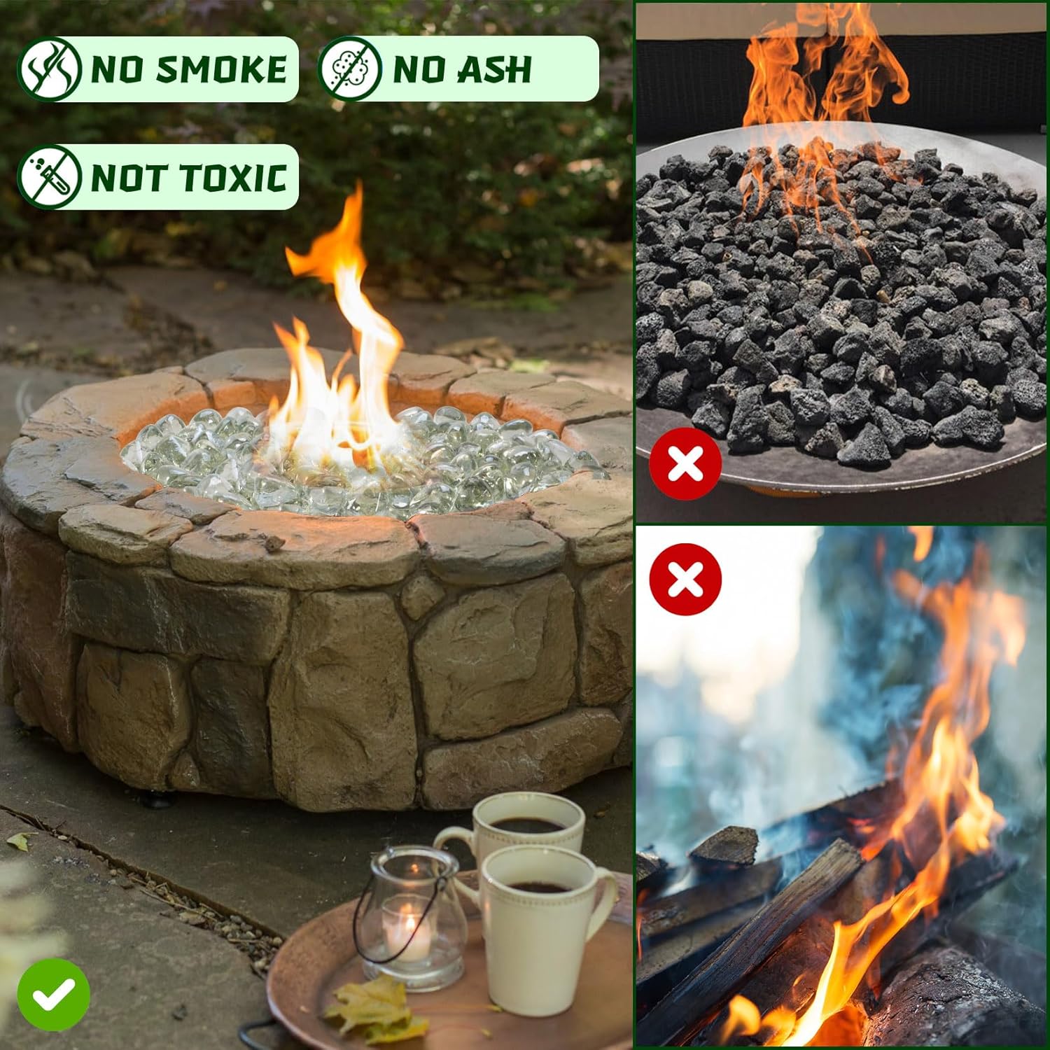 20 Pounds Fire Pit Glass Rocks, Clear Fire Glass Beads for Propane Firepit, Fireplace and Outdoor Decoration, 1 Inch, Diamond - Shaped