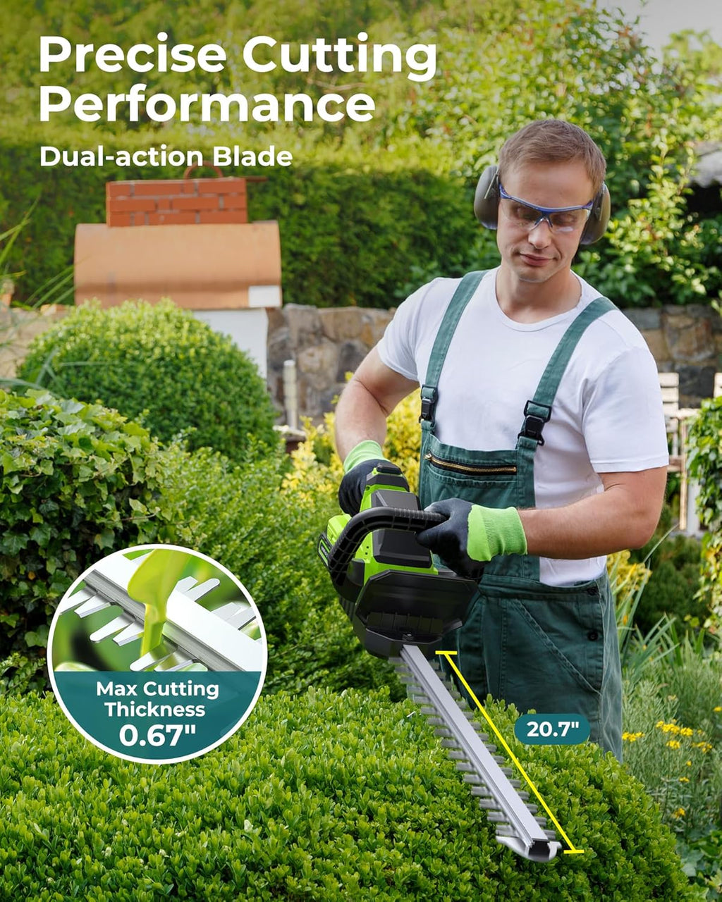 20'' Hedge Trimmer Cordless with Battery, 3000RPM Electric Handheld Bush Clipper with 2pcs 2000mAh Rechargeable Batteries, 180° Rotatable Head, 2/3'' Blade Gap Green