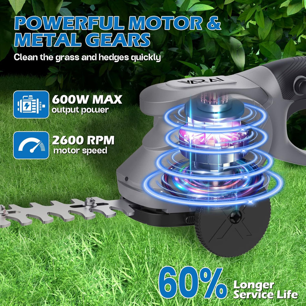 Cordless Hedge Trimmer, 2-in-1 Hedge Trimmer, Ultra Long Battery Life with Battery*2, high-Power and high-Capacity Grass Trimmer for Gardens, Yards and lawns, Including Charger