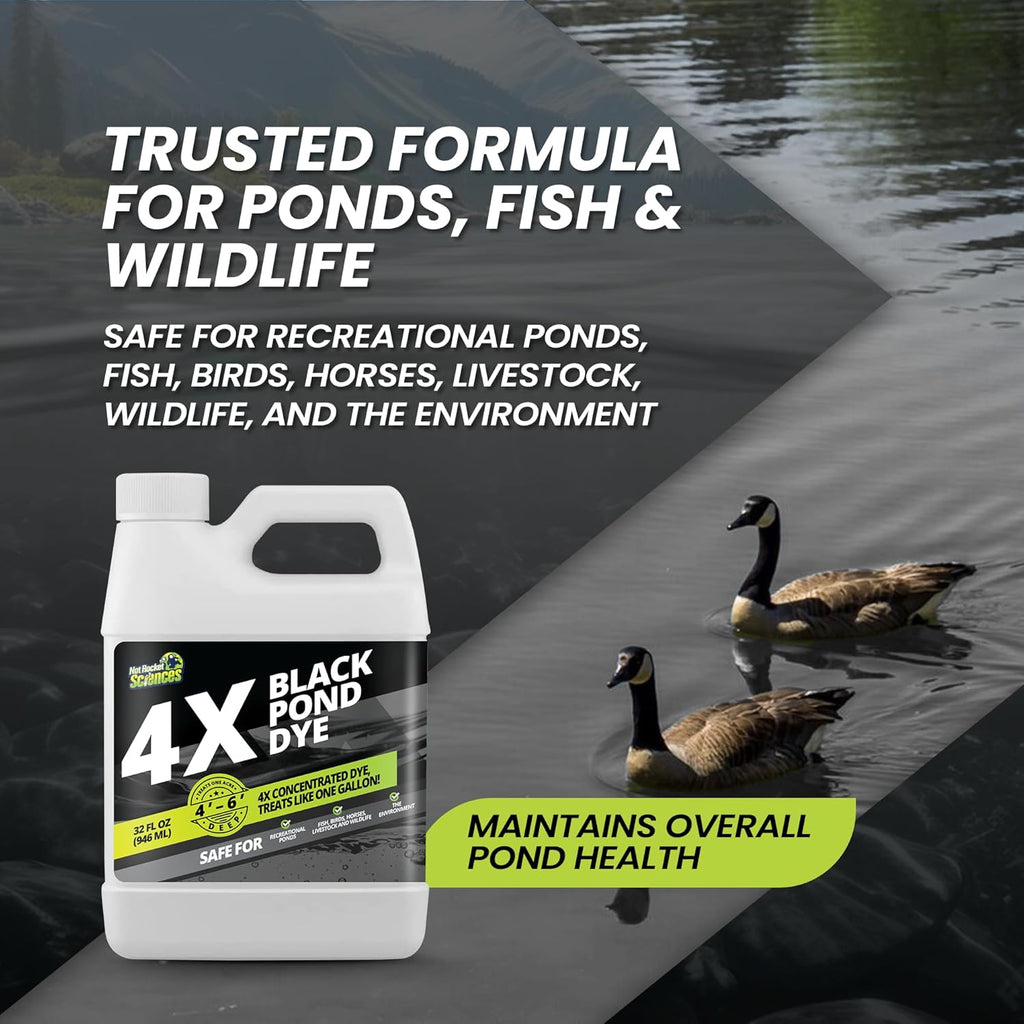 32oz Reflective Black Pond Dye, 4X Concentrate Pond Dye Black, Natural Looking and Long Lasting Liquid Lake Colorant, Protects Against Sunlight - Ideal for Fish, Birds, and Wildlife