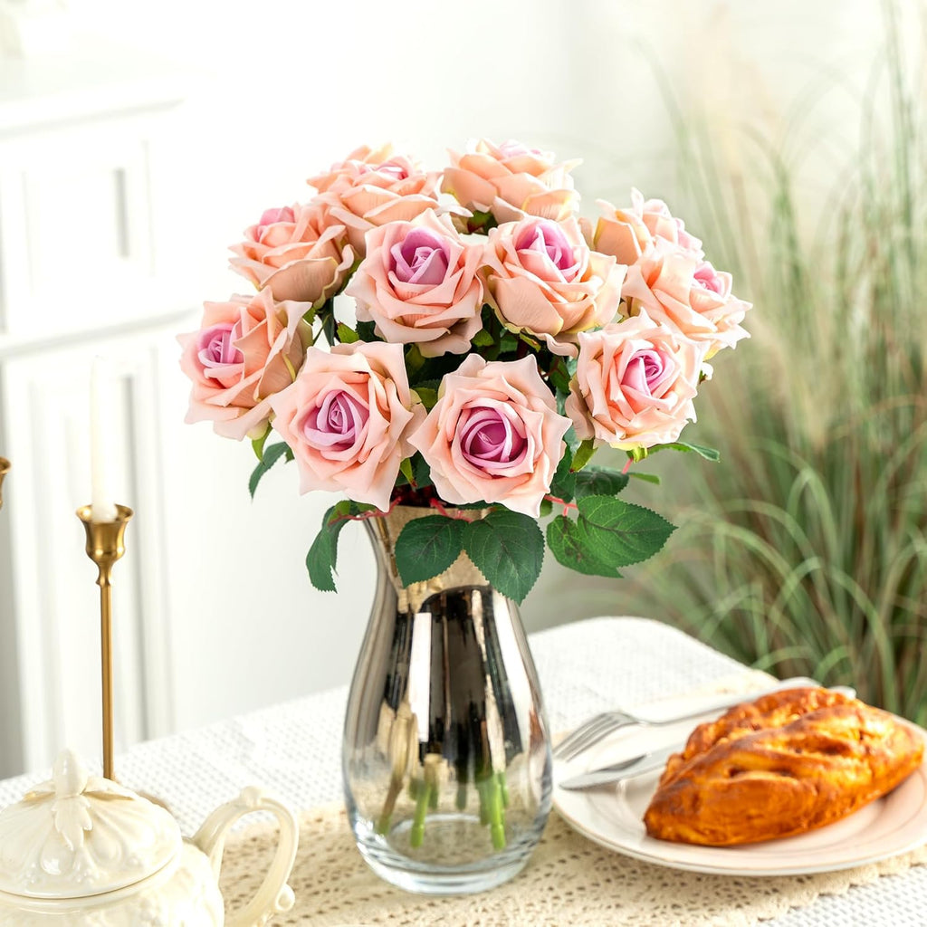 Fake Roses Faux Flowers Silk Roses Artificial Roses with Stems Realistic Artificial Flowers 16.5In Suitable for Indoor Home Decoration DIY Bouquet Wedding Decor Party Decor (12PCS, Pink)