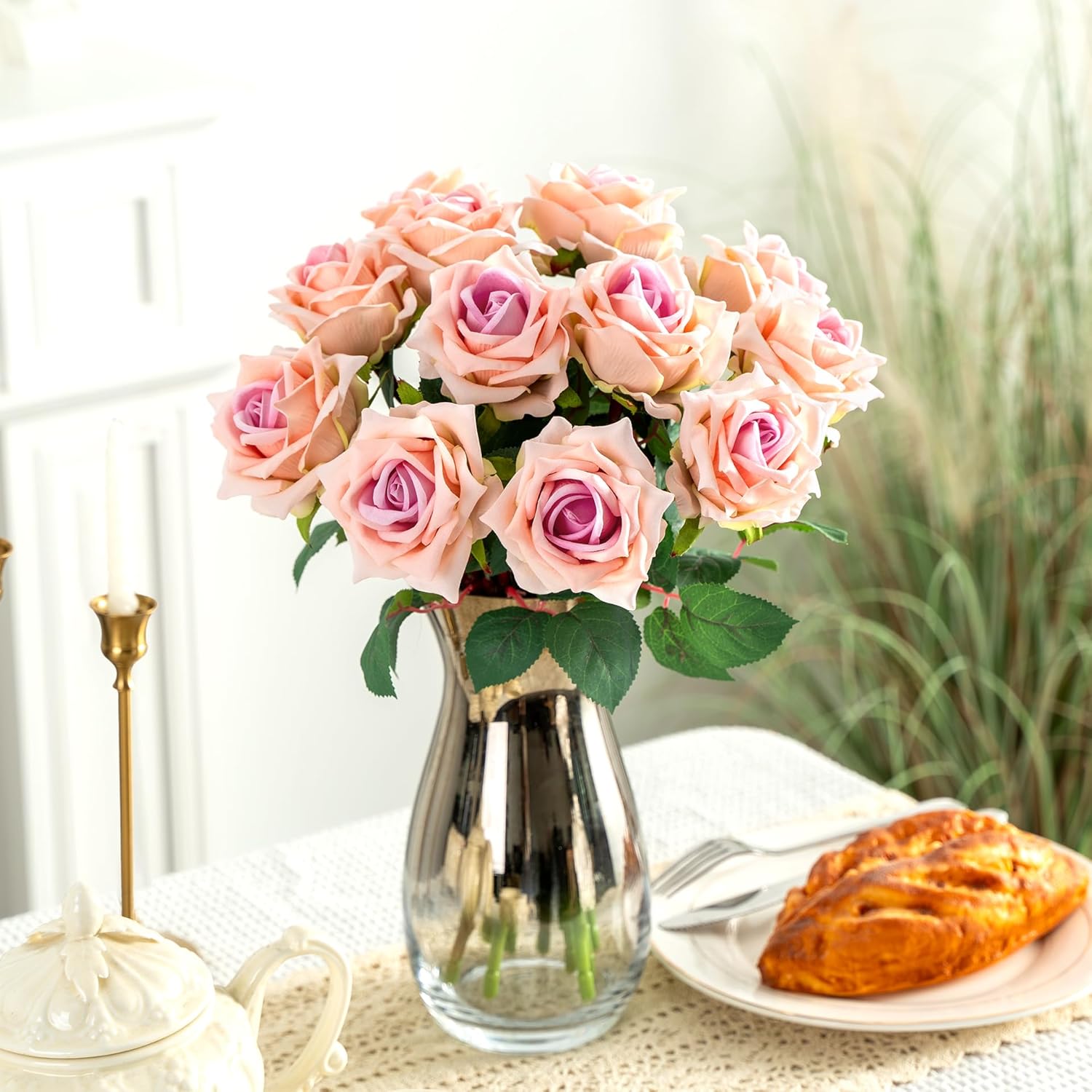 Fake Roses Faux Flowers Silk Roses Artificial Roses with Stems Realistic Artificial Flowers 16.5In Suitable for Indoor Home Decoration DIY Bouquet Wedding Decor Party Decor (12PCS, Pink)