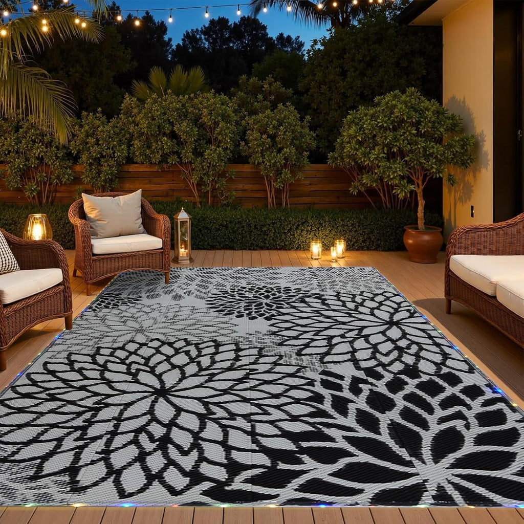 Outdoor Rug 9x12 ft with LED Light, Waterproof Reversible Outdoor Plastic Straw Rug for Patios Clearance, Large Outdoor Area Rug Carpet RV Mat for Camping Backyard Deck Porch Beach
