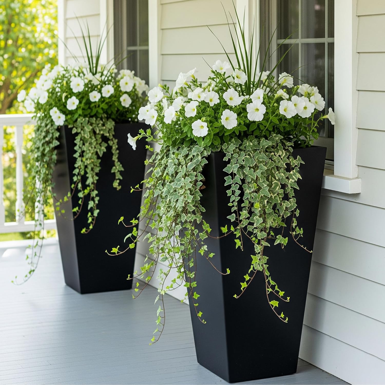 WORTH Garden Large 28 in.Tall Planters Set of 2 for Indoor and Outdoor, Heavy Duty Plastic Black Modern Taper Flower Plant Pots with Drainage Hole and Dual-Purpose Tray for Front Porch, Patio