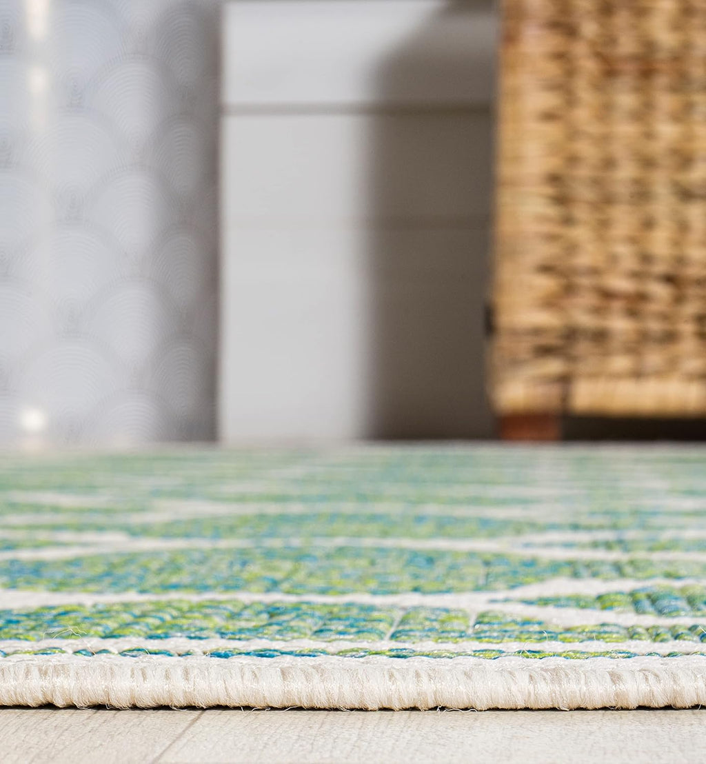 Eyely BMS109I-5SQ Santa Monica Trebol Moroccan Trellis Textured Weave Indoor/Outdoor Area Rug Coastal;Bohemian, Bedroom, Backyard, Patio, Easy-Cleaning, Non-Shedding, 5' Square, Cream/Green