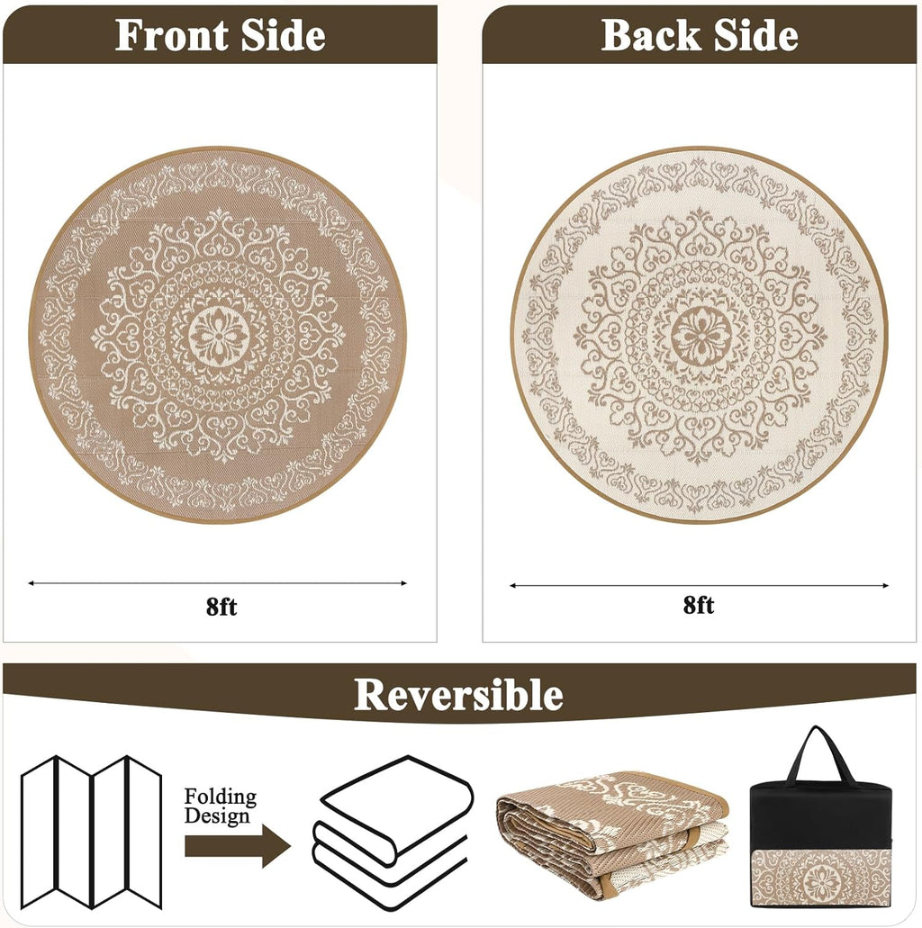 Pauwer Waterproof Outdoor Rug 8ft, Reversible Plastic Straw Patio Camping Rug, Indoor Outdoor RV Mat Carpet for Deck, Camper, Porch, Balcony, Backyard, Picnic, Floral Brown