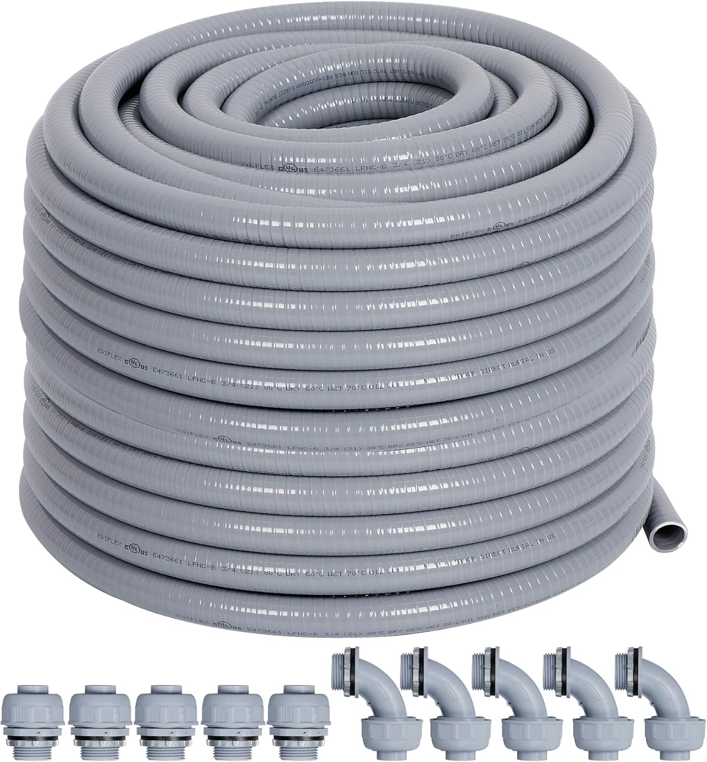 1/2" Liquid-Tight PVC Conduit Kit, 100ft with 10 Connectors, Grey, 5 Straight & 5 90-Degree Fittings, UL Certified, Flexible, Easy Installation, Multi-Application