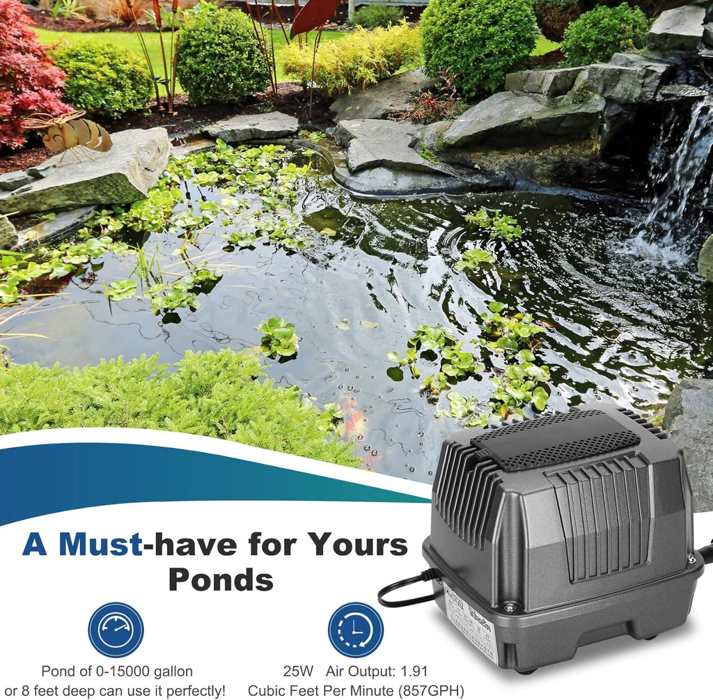 Pond Aerator|Septic Tank Air Pump| Premium Koi Fish Pond Aeration System| Applicable Depth 0-8 feet| 1.91CFM 4.35PSI 25W| Includes Two 20ft Rubber Airlines and Diffusers