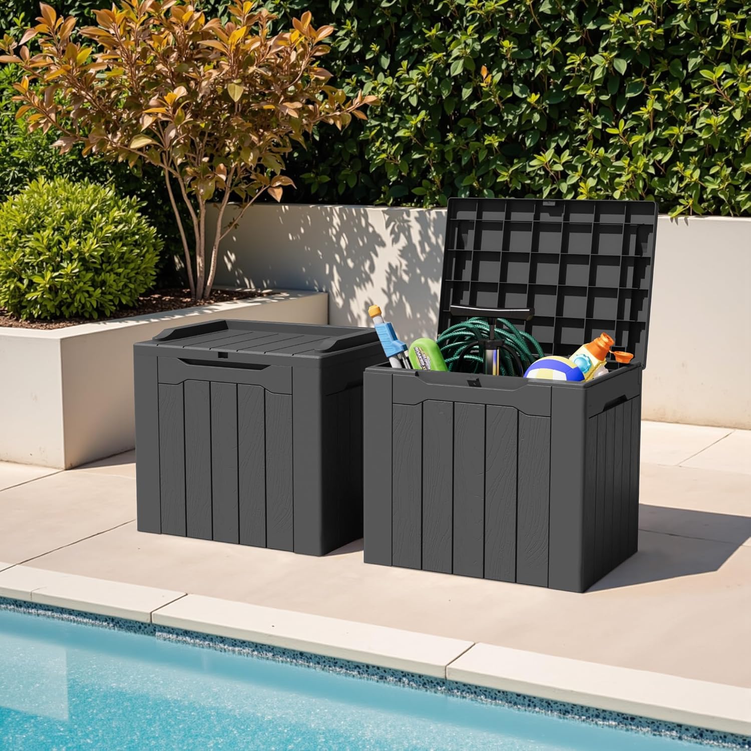 Greesum 31 Gallon Deck Box for Outside, All Weather Outdoor Storage Boxes for Patio Furniture Set, Package Delivery Box,Garden Tools, Gray(Set of 2)